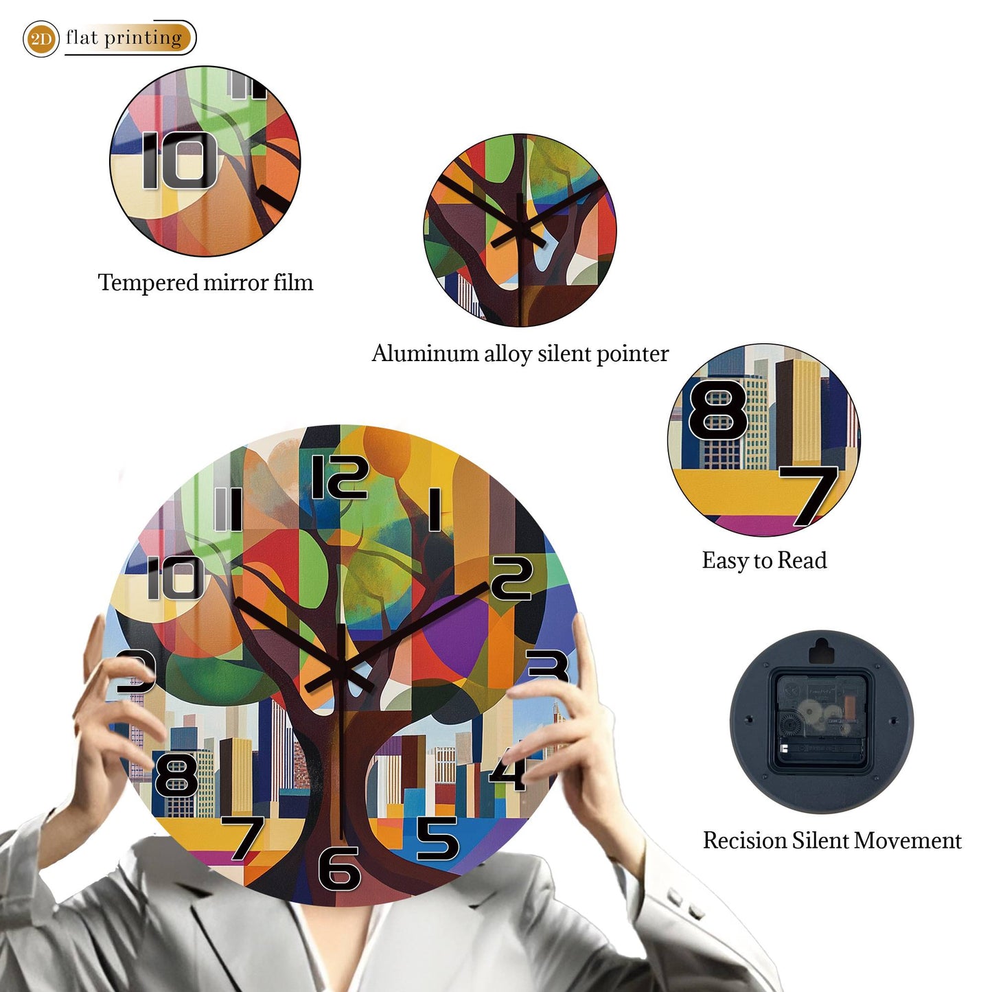 Geometric Abstract Tree Wall Clock, Colorful Cityscape Backdrop, Modern Art Urban Nature Fusion Home Decor