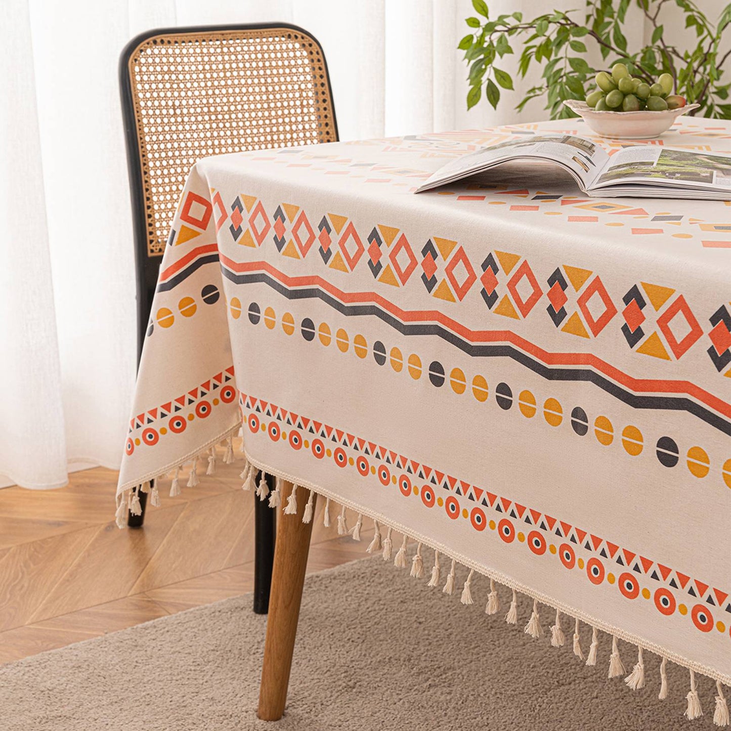 Vintage Boho Tassel Table Cloth Waterproof Cotton Linen Bohemian Tablecloth Patio Outdoor Wrinkle Free Table Protector Covers