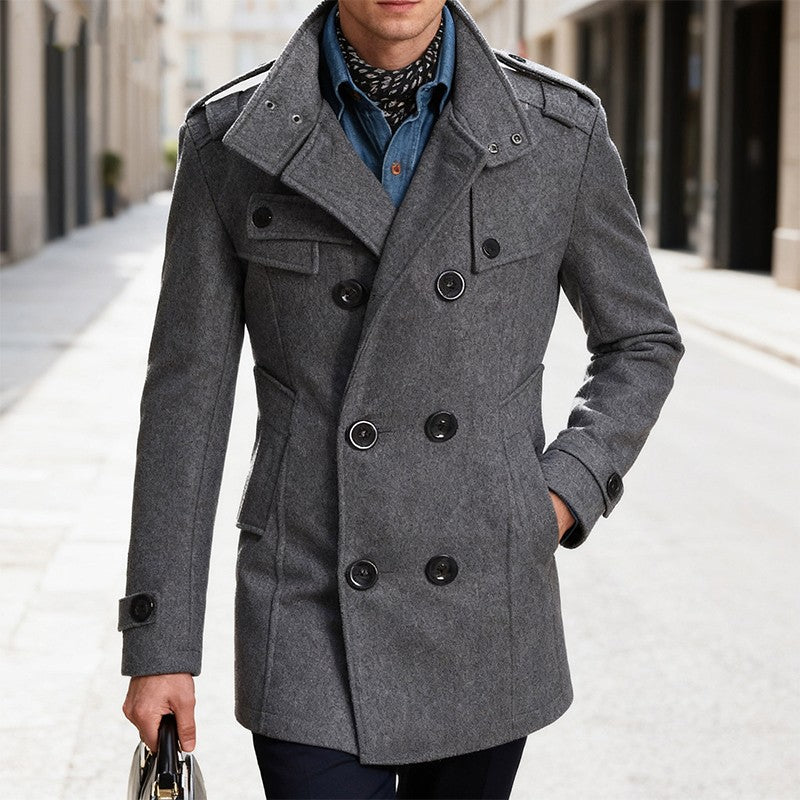 Men's Double-breasted Woolen Overcoat Fashion Solid Color Mid-length Jacket Luxury Light Business Stand Collar Trench Coat M-3XL