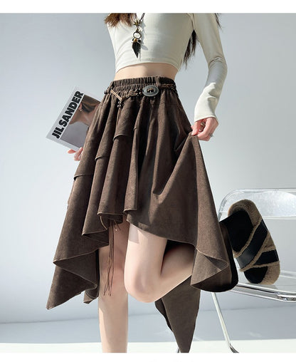 Caramel Suede Half-length Skirt Women's Autumn Winter New Irregular Belt Slim A- Line Midi Umbrella Skirt Comfortable Casual S .
