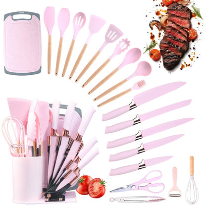 MDHAND Kit de Utensílios de Cozinha de Silicone Resistente ao Calor com 20 Peças, com Cabos de Madeira, Facas, Colher de Sopa com Tesouras, Cozinhe Sem Complicações