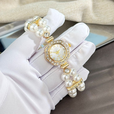 New ladies' double-row pearl diamond-encrusted elastic strap Arabic digital dial simple light luxury fashionable quartz watch