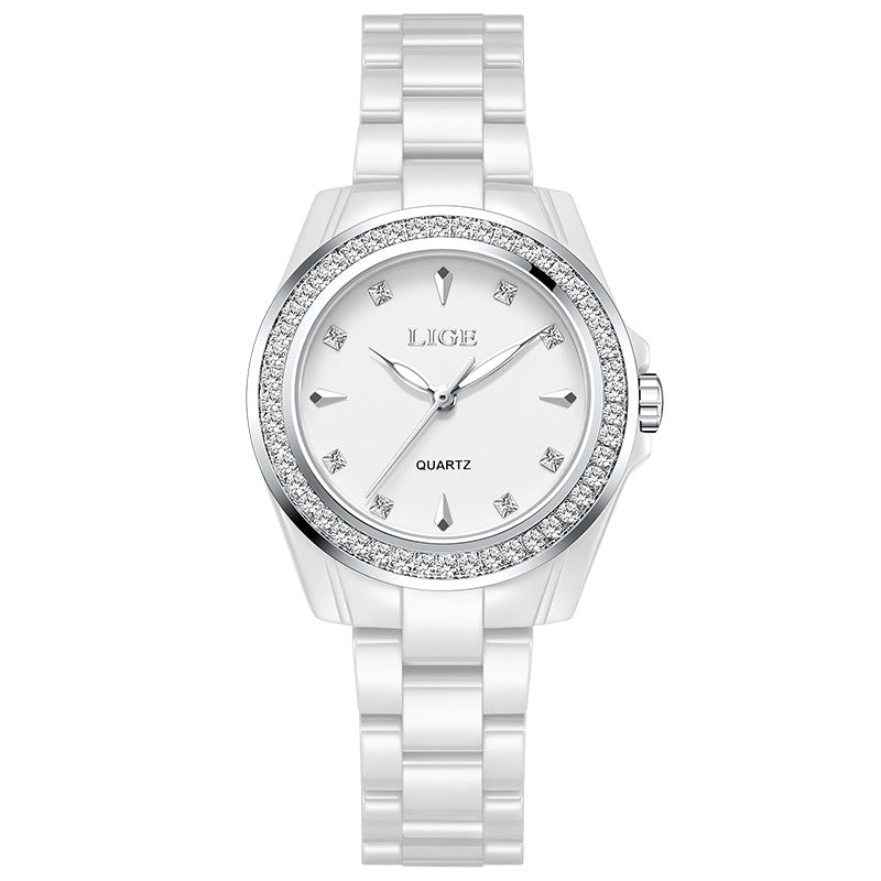 LIGE Fashion Elegant Watch for Women Ceramics Strap Diamond wristwatch Luxury Ladies Bracelet Quartz Watches Gifts Reloj Mujer