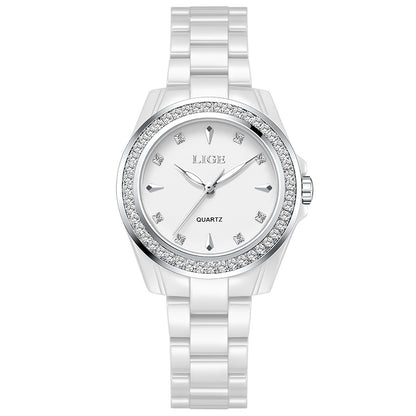 LIGE Fashion Elegant Watch for Women Ceramics Strap Diamond wristwatch Luxury Ladies Bracelet Quartz Watches Gifts Reloj Mujer