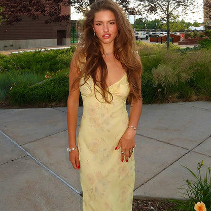 Women's Floral Cami Dress Slim Tie Bow Deep V Neck Backless Ruffle Spaghetti Str