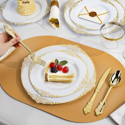 700PCS Gold Plastic Plates for 100 Guests Disposable Dinnerware Sets Include 200 Gold Rim Plastic Plates 100 Silverwares 100 Cu