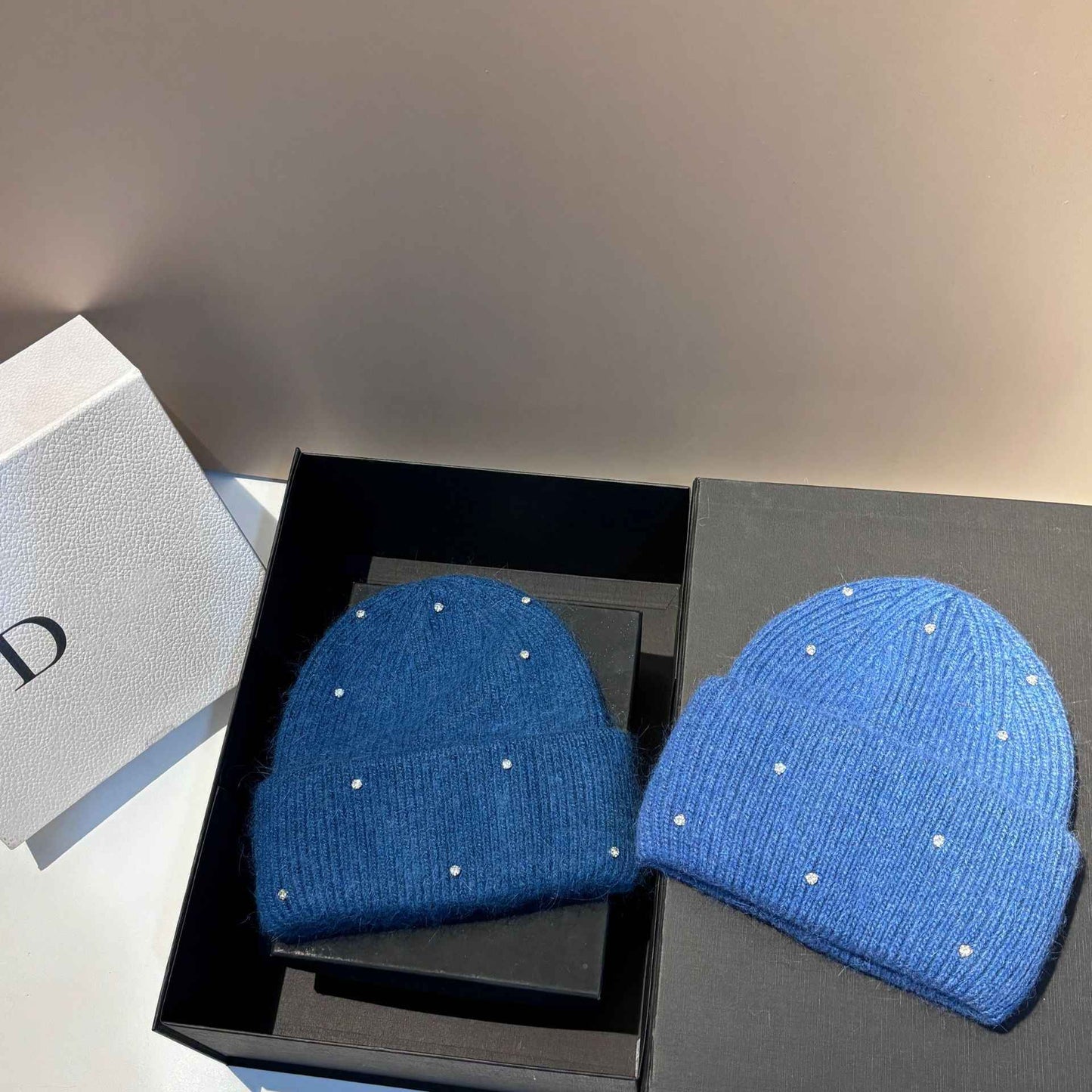 Rhinestone Decor Rabbit Fur Knitted Hat Warm Ear Flap Beanie for Women Luxury Soft Slouchy Cap Face Slimming Design