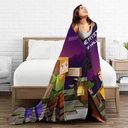 Cartoon Mines Pixel Game Crafts Flannel Blanket Super Warm Throw Blanket for Home Decor Decorative Street Trend Bedspread
