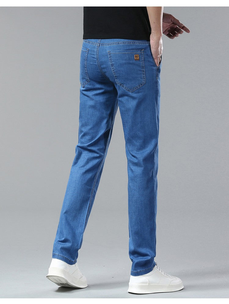 Light Blue Classic Business Casual Cotton Pants Fashion Breathable Denim Elastic Trousers Brand Men's Clothing Straight Jeans