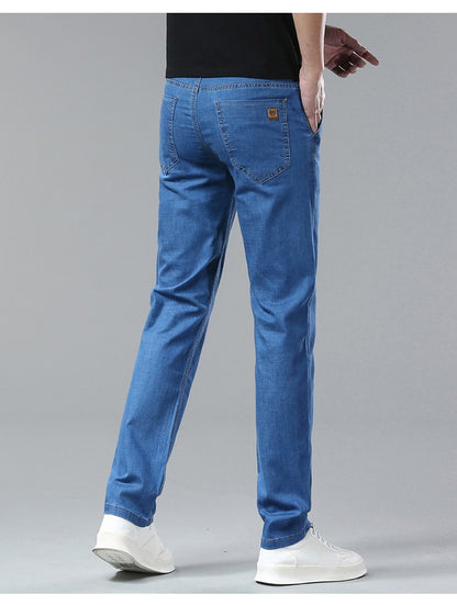 Light Blue Classic Business Casual Cotton Pants Fashion Breathable Denim Elastic Trousers Brand Men's Clothing Straight Jeans