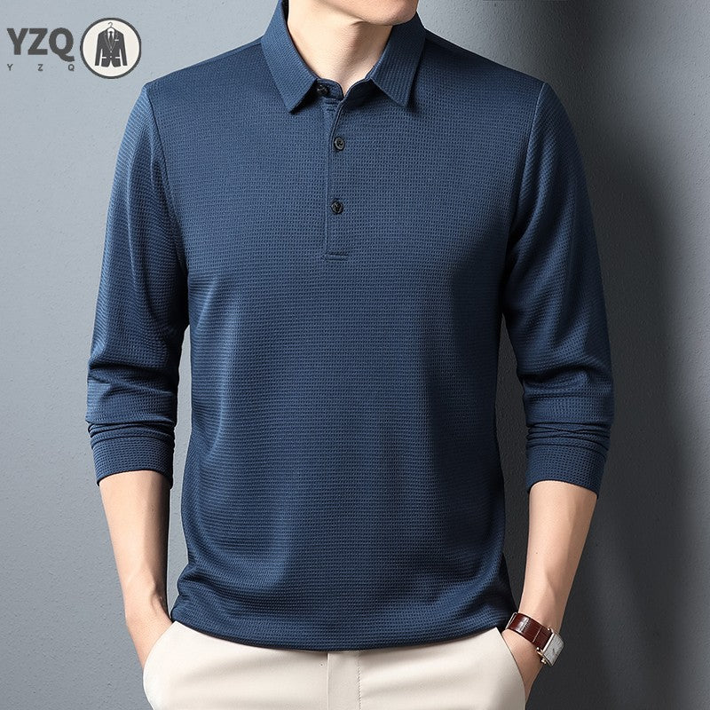 Men's Business Casual Polo Long Sleeve T-shirt Summer Comfortable  Solid Cotton Top