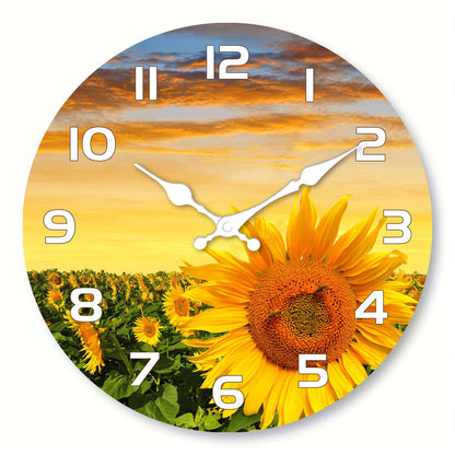 1pc wooden wall clock, Sunflower Garden design wall clock at sunset, round silent clock, for living room bedroom, room decoratio
