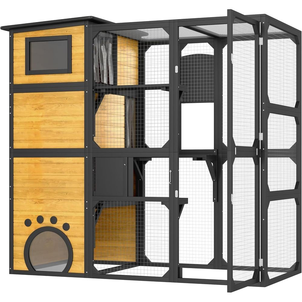 Gatil Externo de Vários Níveis, Resistente às Intempéries, com Plataformas e Quartos para Vários Gatos, Anexado à Janela, Marrom
