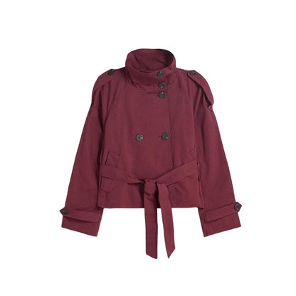 Belted Waist Cropped Trench Double Breasted Stand Collar 2025 Autumn Chic Elegant Women Coat Casual Vintage Office Lady Jacket