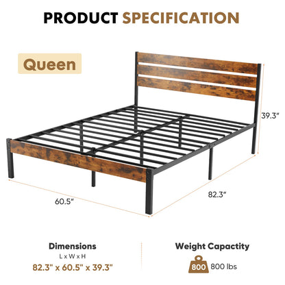 Cama Box de Metal Queen Size JHK com Cabeceira e Peseira e Suporte de Ripas de Madeira Resistente de 800LBS para Quarto e Casa