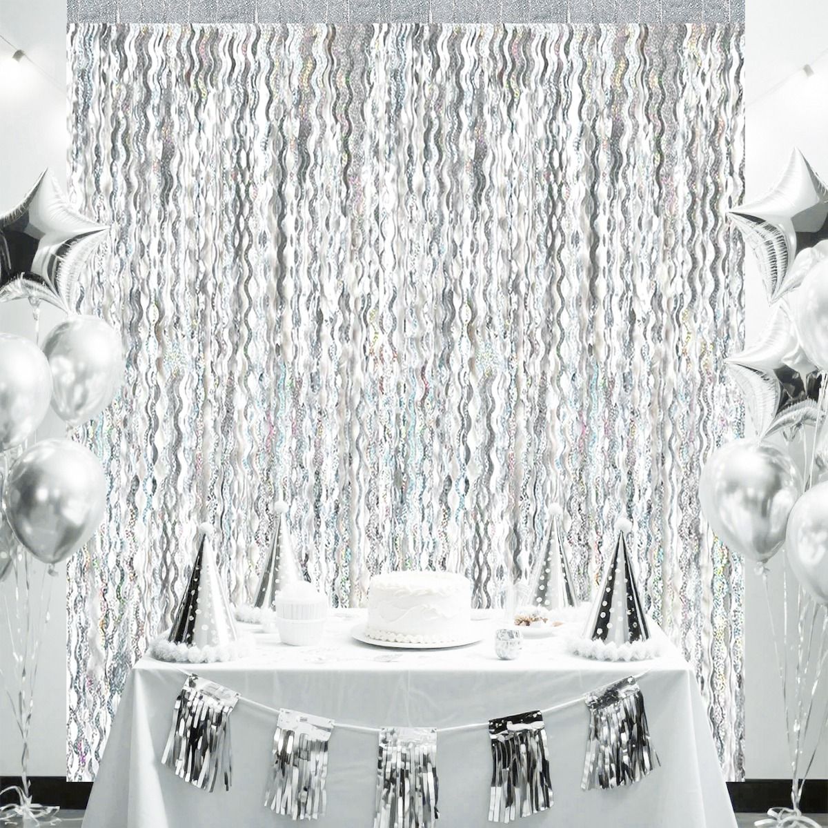 1x2m Wave Pattern Foil Curtain Decor Balloon Rain Tinsel Fringe Streamer Background for Birthday Party Wedding Decoration
