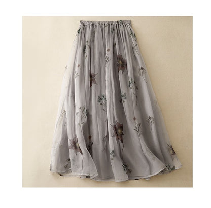 Retro Cotton Linen Double Layer High Waist Printed Skirt A-Line Summer Faionable Drifting Large Size Women's Skirts