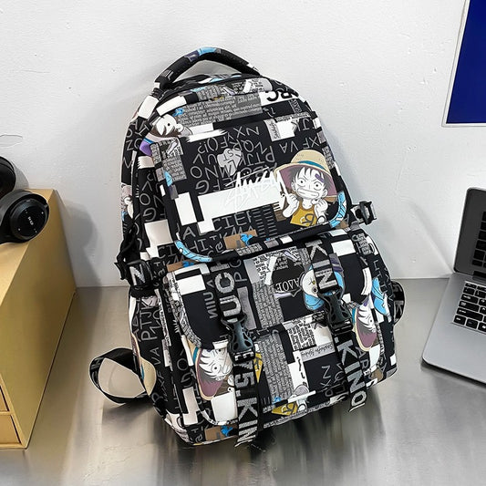 Anime Male and Female High-capacity One Piece Luffy Graffiti Printed Backpack for Middle High Students School Bag