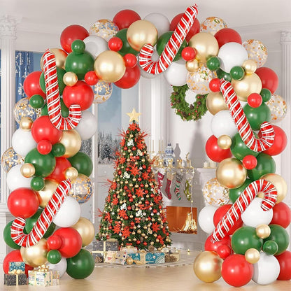 Christmas Theme Red Green Ballon Arch Kit Gold Confetti Latex Balloons Garland Xmas Candy Cane Foil Globos Home Party Decoration