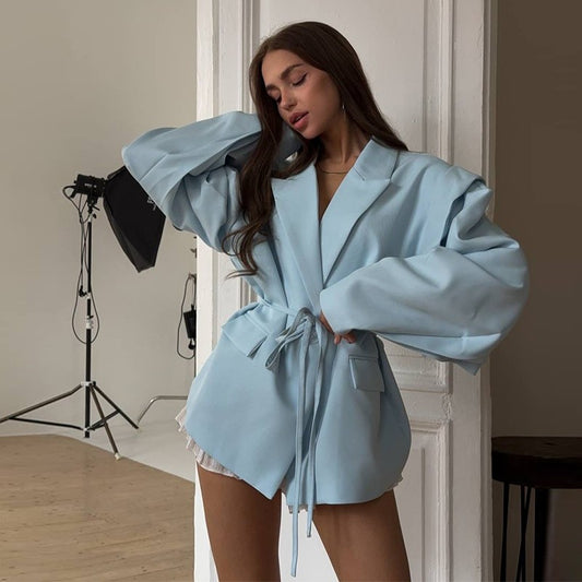 Lace Up Shoulder Pad Blazer Coat Women Elegant Turn-down Collar Long Sleeve Pockets Slim Fit Coats Chic Ladies Commute Outerwear