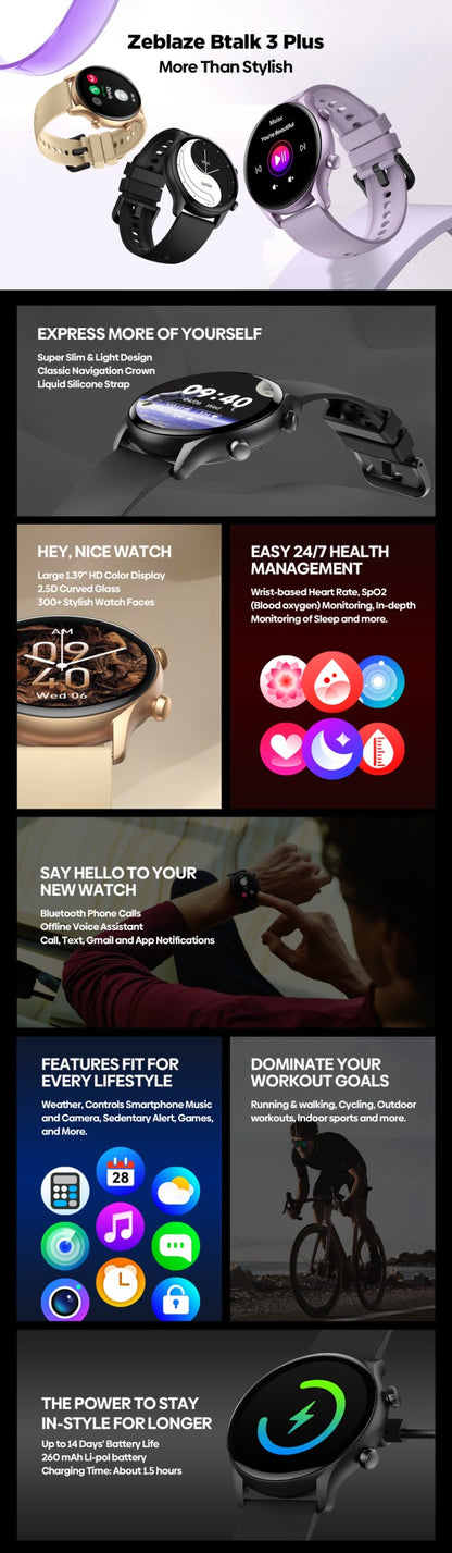 New Zeblaze Btalk 3 Plus Voice Calling Smartwatch 1.39'' Large HD Color Display Health Monitoring Sports Smart Watch