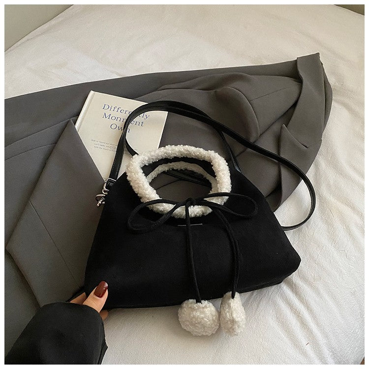 Faux Suede Solid Color Bow Hairy Cute Women's Handbags Christmas Gift Giving Fashion Bags 2025 Autumn/winter New Shoulder Bags