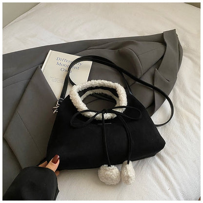 Faux Suede Solid Color Bow Hairy Cute Women's Handbags Christmas Gift Giving Fashion Bags 2025 Autumn/winter New Shoulder Bags