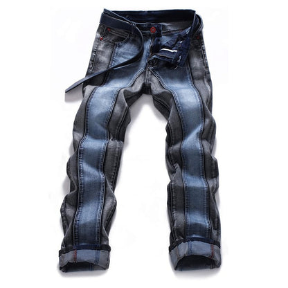 Calça jeans masculina patchwork, cintura média, moda, viagem, festa, versão confortável de elástico
