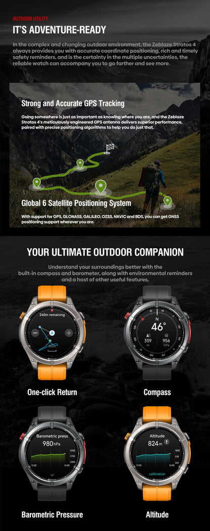NOVO Smartwatch Zeblaze Stratos 4 GPS Tela AMOLED de 1.43 polegadas Bússola Integrada Altímetro Barométrico Lanterna Chamada de Voz