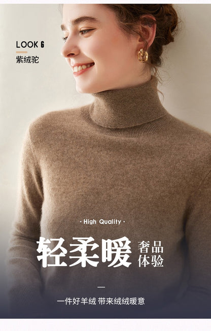 Suéter de Cashmere Feminino Gola Alta Manga Comprida Pulôver de Malha 100% Cashmere Puro Suéter Básico Versão Coreana Top Feminino