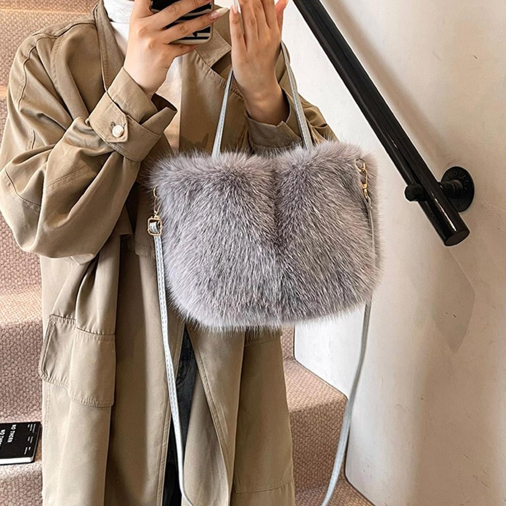Faux Fur Tote Bag Women's Bucket Plush Light Luxury Ladies Handbags Soft Winter Crossbody Shoulder Bags