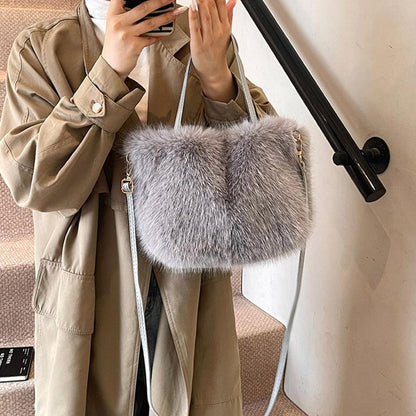 Faux Fur Tote Bag Women's Bucket Plush Light Luxury Ladies Handbags Soft Winter Crossbody Shoulder Bags