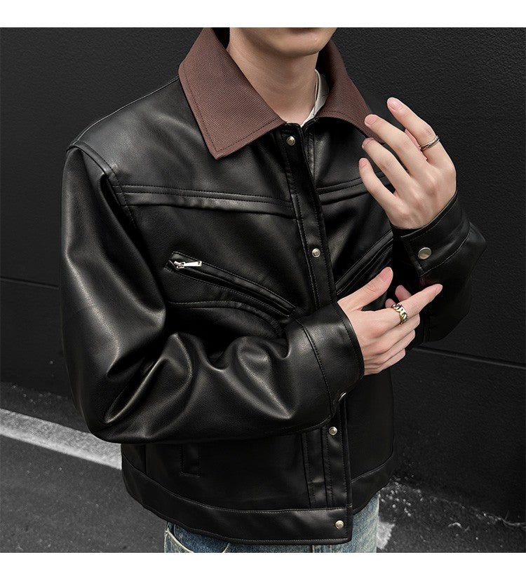 Mens Leather Jacket Biker Jacket PU Leather 2025 New Windproof Stand Collar Single Breasted Short Coat Slim Fit Mens Jacket