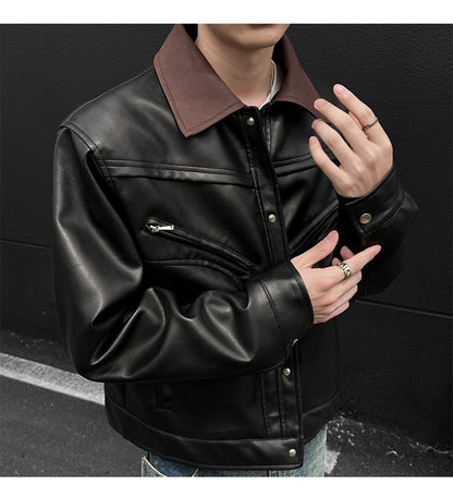 Mens Leather Jacket Biker Jacket PU Leather 2025 New Windproof Stand Collar Single Breasted Short Coat Slim Fit Mens Jacket