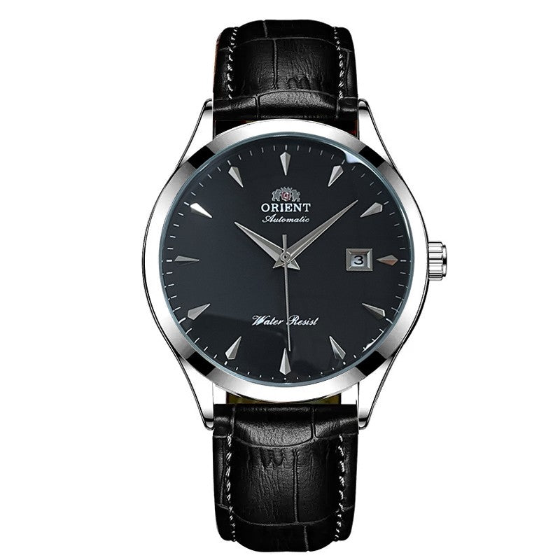 Orient Automático Masculino, Mostrador Preto, Pulseira de Aço Inoxidável, Relógio de Pulso Clássico de Negócios Resistente à Água com Exibição de Data