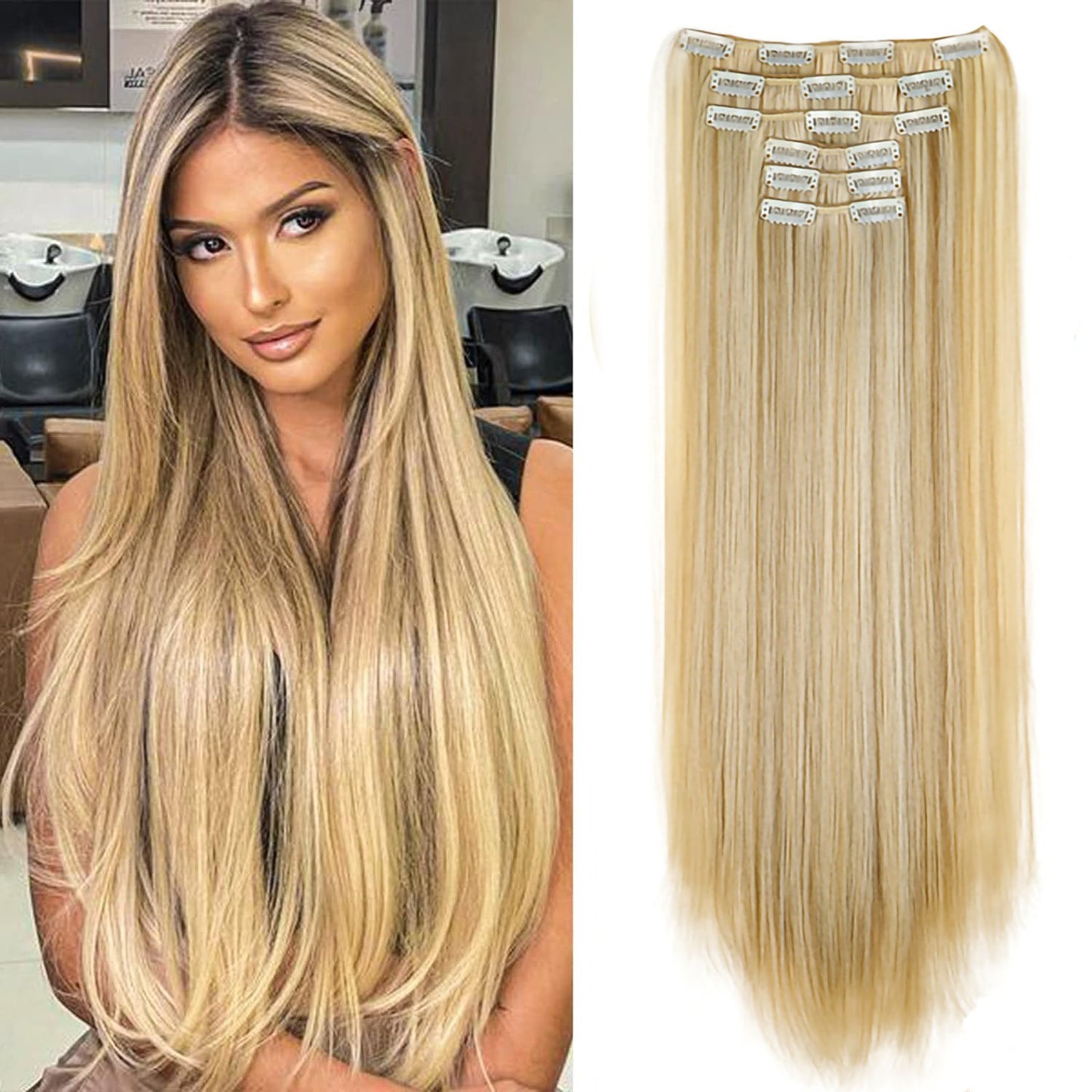 Apliques de Cabelo Natural de 24 Polegadas Cabelo Sintético para Mulheres Kit de Fios de Cabelo 16 Tic-Tacs em 6 Peças Apliques Mechas de Cabelo