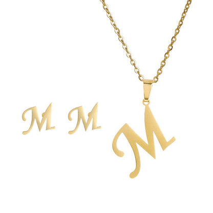 Conjunto Feminino de Colar e Brincos de Aço Inoxidável com Letra Inicial do Alfabeto A-Z - Joias Personalizadas de 26 Letras Inglesas - Presente