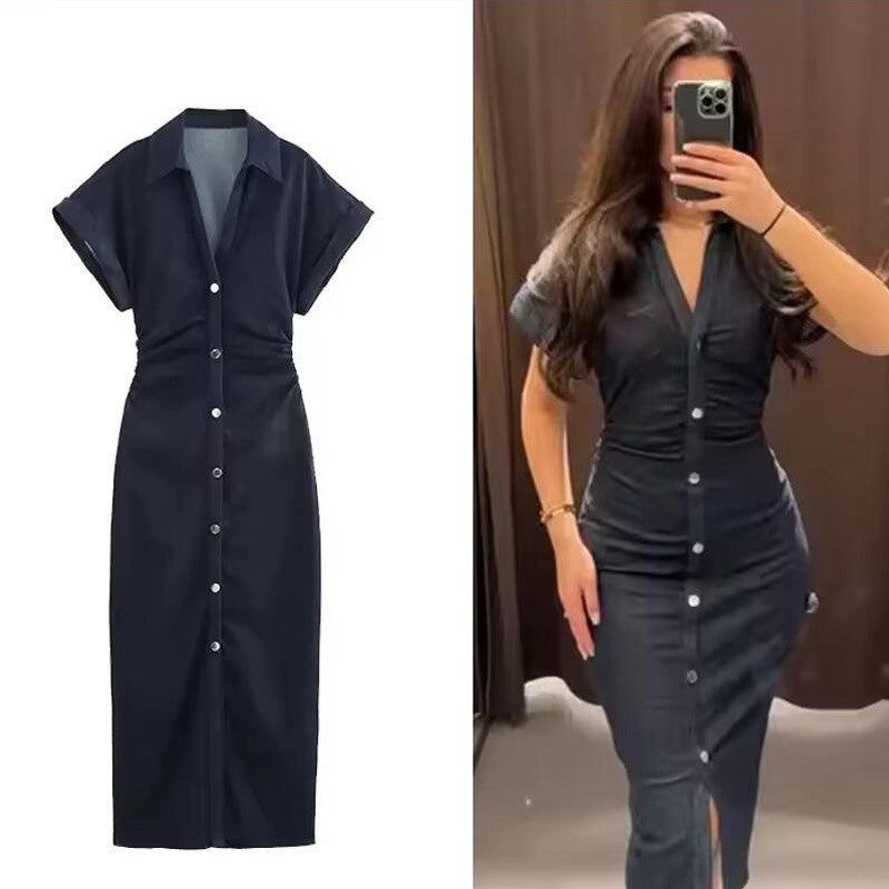Denim Dress Women's Spring Summer Casual Long Dresses For Women 2025 New Fashion Ruched Short Sleeve Streetwear Midi Dress
