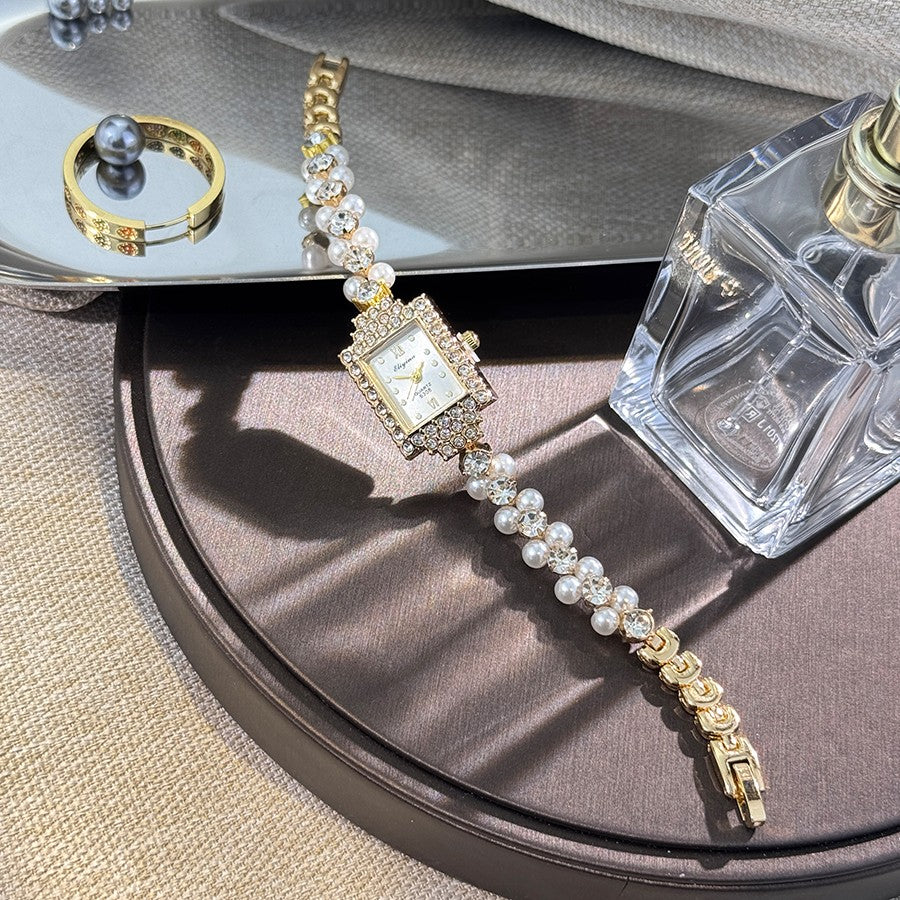 French Romantic Double-Row Exquisite Small Pearl Bracelet Watch Square Diamond-Encrusted Light Luxury Ladies Quartz Watch