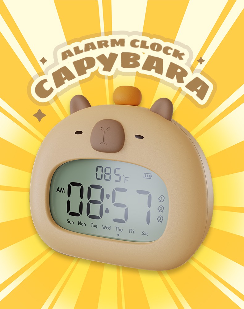 Bedside LED Clock Kids Alarm Clock Children's Sleep Trainier Temperature Display With Rechargeable Control Digital Cute Capybara