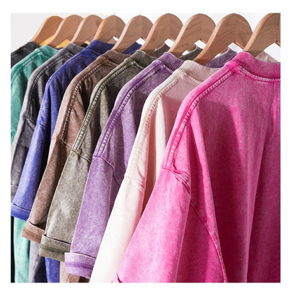 230g retro fried snowflake washed T-shirt Europe and the United States cross-border cotton t loose bottoming round neck pullover