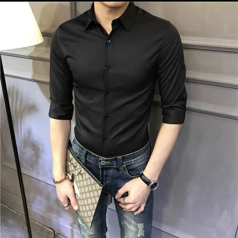 Korean Fashion Trend Casual Elastic Design Sense Short Sleeve Shirt Men's Solid Lapel Collar Button Breathable Simple Slim Tops