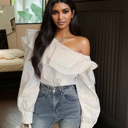 Vintage Ruffled Off Shoulder White Shirt for Women Fashion Long Sleeve Loose Elegant Blouse Women Slim Fit Casual Sexy Tops 8395