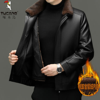 Outcoat Winter Faux Leather Jacket Detachable Golden Mink Fleece Inner Lining Top Layer Faux Deerskin One-piece Warm Men's Coat