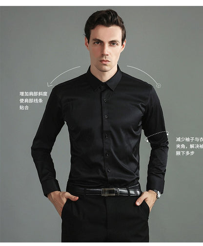 Plus Size 7XL 6XL High Elasticity Seamless Spandex Shirt Men Long Sleeve Slim Fit Casual Solid Color Social Formal Dress Shirts