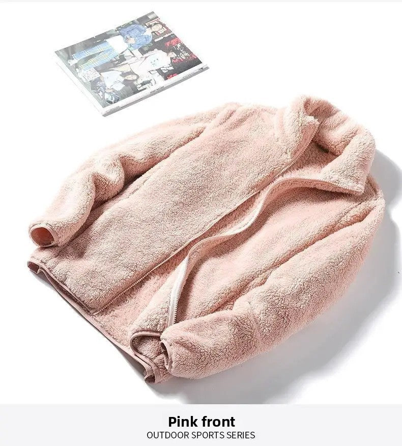 Thickened Fleece Jacket Women's Outdoor Spring Autumn Winter Double-Sided Sweatshirt Open Cardigan Polyester Fiber Stand Collar