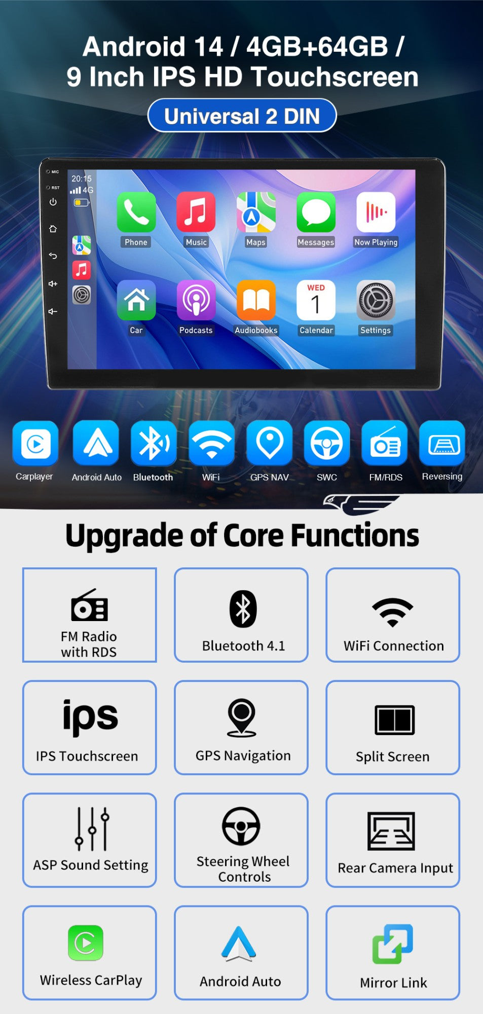ESSGOO 4+64G Auto Rádio Multimídia Sem Fio CarPlay Android Auto Duplo 2 DIN 9" IPS Tela Sensível ao Toque GPS SAT NAVI FM DAB+ WIFI