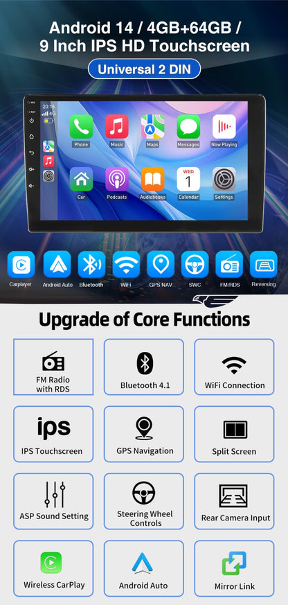 ESSGOO 4+64G Auto Rádio Multimídia Sem Fio CarPlay Android Auto Duplo 2 DIN 9" IPS Tela Sensível ao Toque GPS SAT NAVI FM DAB+ WIFI
