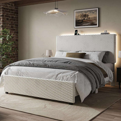 Estrutura de Cama Queen Size com Cabeceira de Armazenamento, Estrutura de Cama Plataforma Estofada com Luzes LED e Estação de Carregamento, Reforçada
