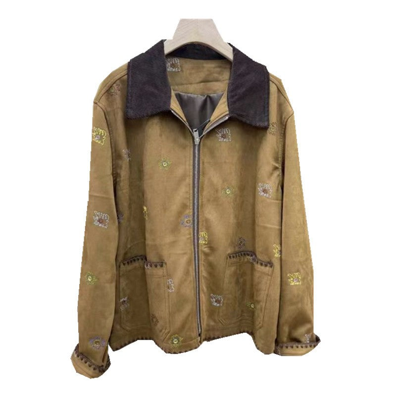 SuperAen Heavy Industry Embroidery Brown Suede Jacket Women's 2025 Autumn New High-end Retro Casual Jacket